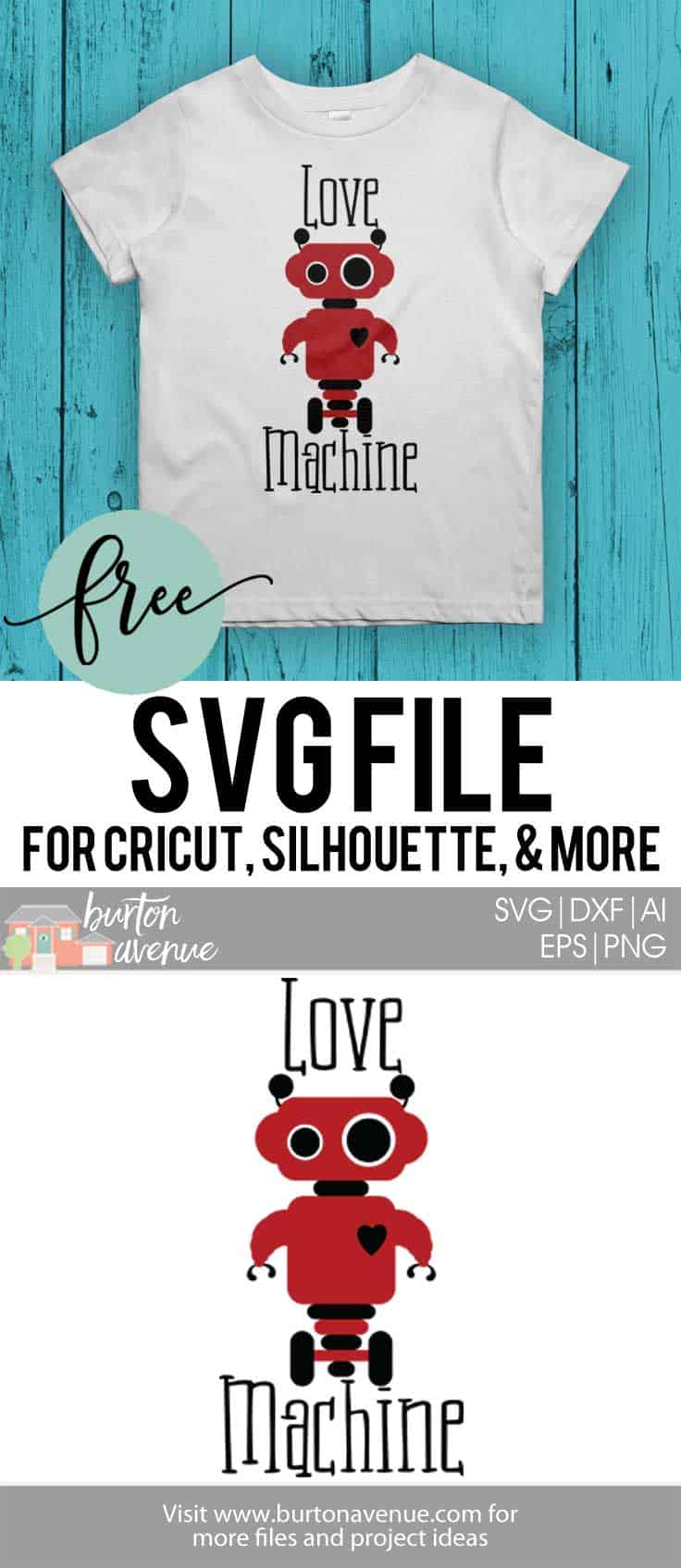 Make a super cute Valentine t-shirt for your little guy with this free Love Machine SVG file. This free Valentine SVG file will work with Silhouette, Cricut, and other electronic cutters.