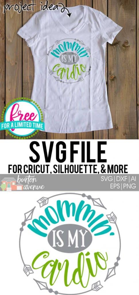 #momsvg #momlife #mommin #silhouettecameo #silhouette #cricutexplore #cricutmaker So many possibilities of DIY projects with this FREE Mommin' is my Cardio SVG file download. Make t-shirts, mug, signs, pillows, and more for that special mom in your life with this FREE SVG file. Mommin' is my Cardio Ai, SVG, PNG, EPS & DXF download. Mommin' is my Cardio SVG file, Free SVG file works with Cricut, Cameo Silhouette and other major cutting machines. Free cut file download.