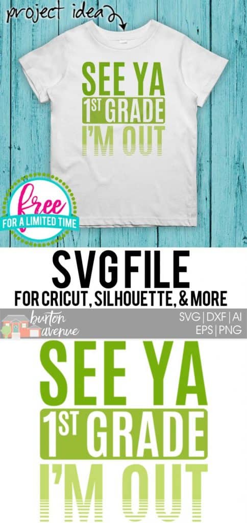 #seeya1stGrade #schoolsoutsvg #endofyearsvg #schoolsvg #hellosummersvg #silhouettecameo #silhouette #cricutexplore So many possibilities of End of Year DIY projects with this Free See Ya 1st Grade I'm Out SVG file download. Make t-shirts, mug, signs,and more for to celebrate another year of school with this SVG file. Free See Ya 1st Grade I'm Out Ai, SVG, PNG, EPS & DXF download. Free See Ya 1st Grade I'm Out SVG file, SVG file works with Cricut, Cameo Silhouette and other cutting machines.