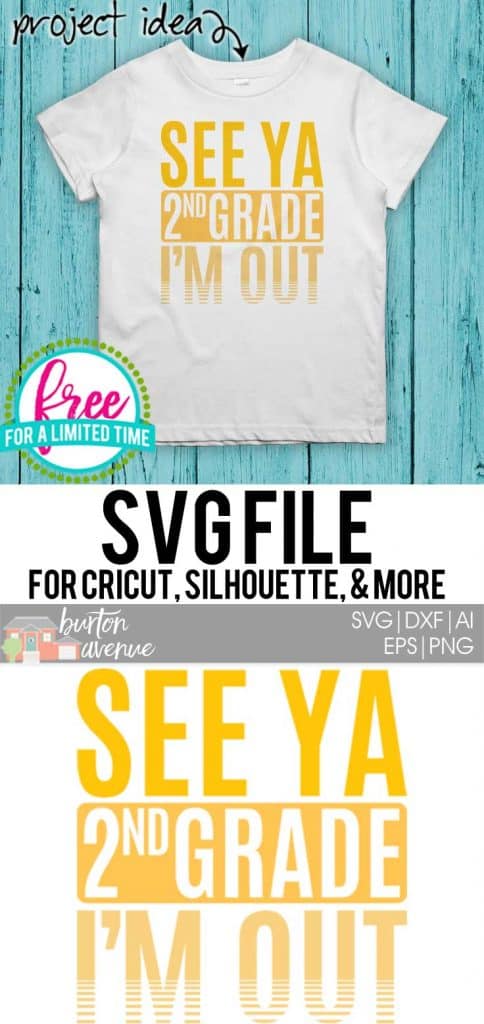 #seeya2ndGrade #schoolsoutsvg #endofyearsvg #schoolsvg #hellosummersvg #silhouettecameo #silhouette #cricutexplore So many possibilities of End of Year DIY projects with this Free See Ya 2nd Grade I'm Out SVG file download. Make t-shirts, mug, signs,and more for to celebrate another year of school with this SVG file. Free See Ya 2nd Grade I'm Out Ai, SVG, PNG, EPS & DXF download. Free See Ya 2nd Grade I'm Out SVG file, SVG file works with Cricut, Cameo Silhouette and other cutting machines.
