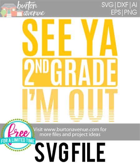 #seeya2ndGrade #schoolsoutsvg #endofyearsvg #schoolsvg #hellosummersvg #silhouettecameo #silhouette #cricutexplore So many possibilities of End of Year DIY projects with this Free See Ya 2nd Grade I'm Out SVG file download. Make t-shirts, mug, signs,and more for to celebrate another year of school with this SVG file. Free See Ya 2nd Grade I'm Out Ai, SVG, PNG, EPS & DXF download. Free See Ya 2nd Grade I'm Out SVG file, SVG file works with Cricut, Cameo Silhouette and other cutting machines.