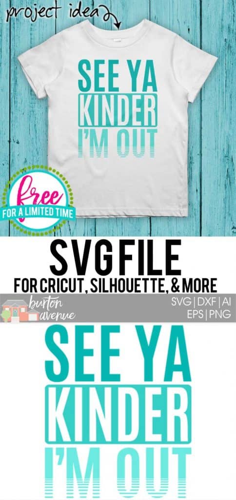 #seeyakindergartern #schoolsoutsvg #endofyearsvg #schoolsvg #hellosummersvg #silhouettecameo #silhouette #cricutexplore So many possibilities of End of Year DIY projects with this Free See Ya Kinder I'm Out SVG file download. Make t-shirts, mug, signs,and more for to celebrate another year of school with this SVG file. Free See Ya Kinder I'm Out Ai, SVG, PNG, EPS & DXF download. Free See Ya Kinder I'm Out SVG file, SVG file works with Cricut, Cameo Silhouette and other major cutting machines.
