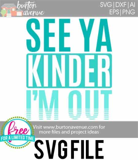 #seeyakindergartern #schoolsoutsvg #endofyearsvg #schoolsvg #hellosummersvg #silhouettecameo #silhouette #cricutexplore So many possibilities of End of Year DIY projects with this Free See Ya Kinder I'm Out SVG file download. Make t-shirts, mug, signs,and more for to celebrate another year of school with this SVG file. Free See Ya Kinder I'm Out Ai, SVG, PNG, EPS & DXF download. Free See Ya Kinder I'm Out SVG file, SVG file works with Cricut, Cameo Silhouette and other major cutting machines.