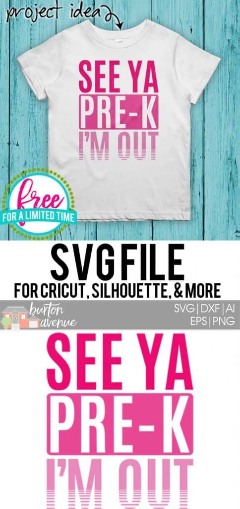 #seeyaprek #schoolsoutsvg #endofyearsvg #schoolsvg #hellosummersvg #silhouettecameo #silhouette #cricutexplore So many possibilities of End of Year DIY projects with this Free See Ya Pre-K I'm Out SVG file download. Make t-shirts, mug, signs,and more for to celebrate another year of school with this SVG file. Free See Ya Pre-K I'm Out Ai, SVG, PNG, EPS & DXF download. Free See Ya Pre-K I'm Out SVG file, SVG file works with Cricut, Cameo Silhouette and other major cutting machines.