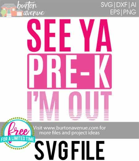 #seeyaprek #schoolsoutsvg #endofyearsvg #schoolsvg #hellosummersvg #silhouettecameo #silhouette #cricutexplore So many possibilities of End of Year DIY projects with this Free See Ya Pre-K I'm Out SVG file download. Make t-shirts, mug, signs,and more for to celebrate another year of school with this SVG file. Free See Ya Pre-K I'm Out Ai, SVG, PNG, EPS & DXF download. Free See Ya Pre-K I'm Out SVG file, SVG file works with Cricut, Cameo Silhouette and other major cutting machines.