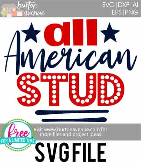 #patrtioticsvg #patrioticshirtsvg #allamericanstudsvg #silhouette #cricutexplore. So many possibilities of DIY projects with this Free All American Stud SVG. Make signs, pillows, t-shirts and more for with this All American Stud SVG file. Free Ai, SVG, PNG, EPS & DXF download. All American Stud SVG SVG files works with Cricut, Cameo Silhouette and other major cutting machines.
