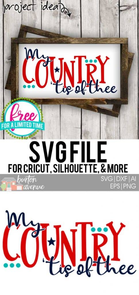 #patrtioticsvg #patrioticshirtsvg #patrioticsignsvg #mycountrytisoftheesvg #silhouette #cricutexplore. So many possibilities of DIY projects with this Free My Country 'tis of Thee SVG. Make signs, pillows, t-shirts and more for with this Free My Country 'tis of Thee SVG file. Free Ai, SVG, PNG, EPS & DXF download. My Country 'tis of Thee SVG SVG files works with Cricut, Cameo Silhouette and other major cutting machines.
