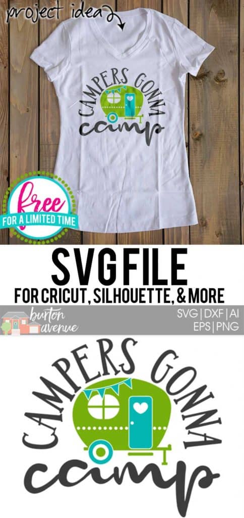 #summersvg #campingsvg #summetimesvg #campersgonnacampssvg #silhouette #cricutexplore. So many possibilities of DIY projects with this Free Campers Gonna Camp SVG File. Make signs, pillows, t-shirts and more for with this Free SVG file. Free Ai, SVG, PNG, EPS & DXF download. Free Campers Gonna Camp SVG files works with Cricut, Cameo Silhouette and other major cutting machines.