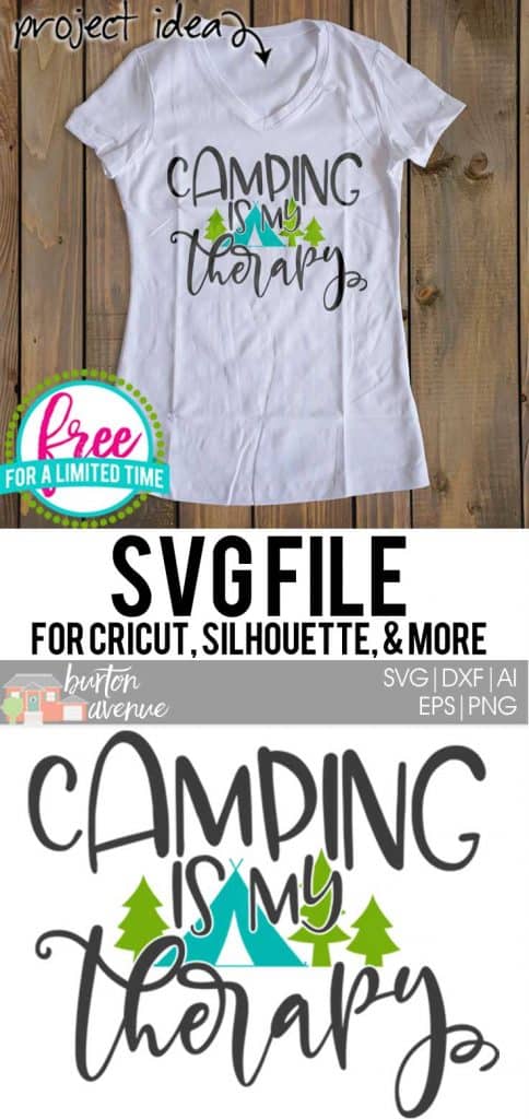 #summersvg #campingsvg #summetimesvg #campinismytherapyssvg #silhouette #cricutexplore. So many possibilities of DIY projects with this Free Camping is my Thereapy SVG File. Make signs, pillows, t-shirts and more for with this Free SVG file. Free Ai, SVG, PNG, EPS & DXF download. Free Camping is my Thereapy SVG files works with Cricut, Cameo Silhouette and other major cutting machines.