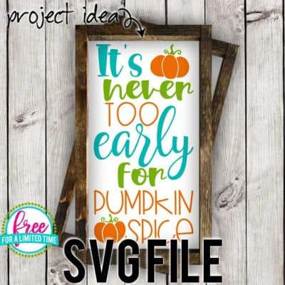 So many possibilities of DIY projects with this Free It's Never too Early for Pumpkin Spice SVG. Make signs, pillows, t-shirts and more for with this Free It's Never too Early for Pumpkin Spice SVG file. Free Ai, SVG, PNG, EPS & DXF download. Free It's Never too Early for Pumpkin Spice SVG files works with Cricut, Cameo Silhouette and other major cutting machines. #pumpkinspicesvg #autumnsvg #fallsvg #silhouette #cricutexplore