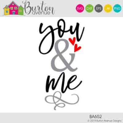 This free SVG file will be available to download for free until 2/17/19. So many possibilities of DIY projects with this Free You & Me SVG. Make signs, pillows, t-shirts and more with this Free You & Me SVG file. Free Ai, SVG, PNG, EPS & DXF download. Free You & Me SVG files works with Cricut, Cameo Silhouette and other major cutting machines. #youandmesvg #valentinesilhouette #valentinecircut #valentinesvg #silhouette #cricutexplore