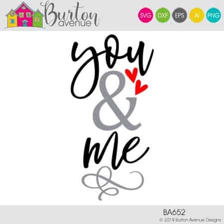 This free SVG file will be available to download for free until 2/17/19. So many possibilities of DIY projects with this Free You & Me SVG. Make signs, pillows, t-shirts and more with this Free You & Me SVG file. Free Ai, SVG, PNG, EPS & DXF download. Free You & Me SVG files works with Cricut, Cameo Silhouette and other major cutting machines. #youandmesvg #valentinesilhouette #valentinecircut #valentinesvg #silhouette #cricutexplore
