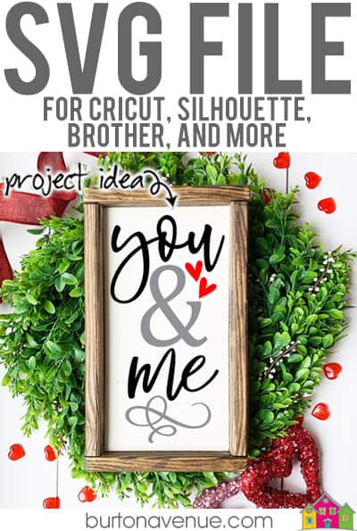 This free SVG file will be available to download for free until 2/17/19. So many possibilities of DIY projects with this Free You & Me SVG. Make signs, pillows, t-shirts and more with this Free You & Me SVG file. Free Ai, SVG, PNG, EPS & DXF download. Free You & Me SVG files works with Cricut, Cameo Silhouette and other major cutting machines. #youandmesvg #valentinesilhouette #valentinecircut #valentinesvg #silhouette #cricutexplore