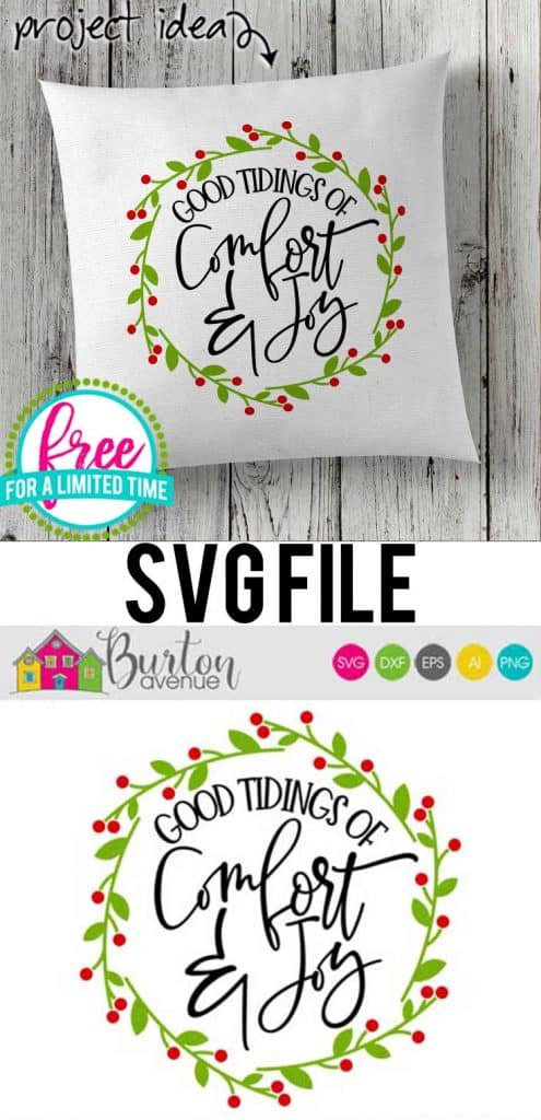 So many possibilities of DIY projects with this Free Good Tidings of Comfort and Joy SVG. Make signs, pillows, t-shirts and more for Christmas with this Free Good Tidings of Comfort and Joy SVG file . Free Ai, SVG, PNG, EPS & DXF download. Free Good Tidings of Comfort and Joy SVG files works with Cricut, Cameo Silhouette and other major cutting machines. #christmassvg #christmasrcricut #christmassilhouette #christmassvg #silhouette #cricutexplore