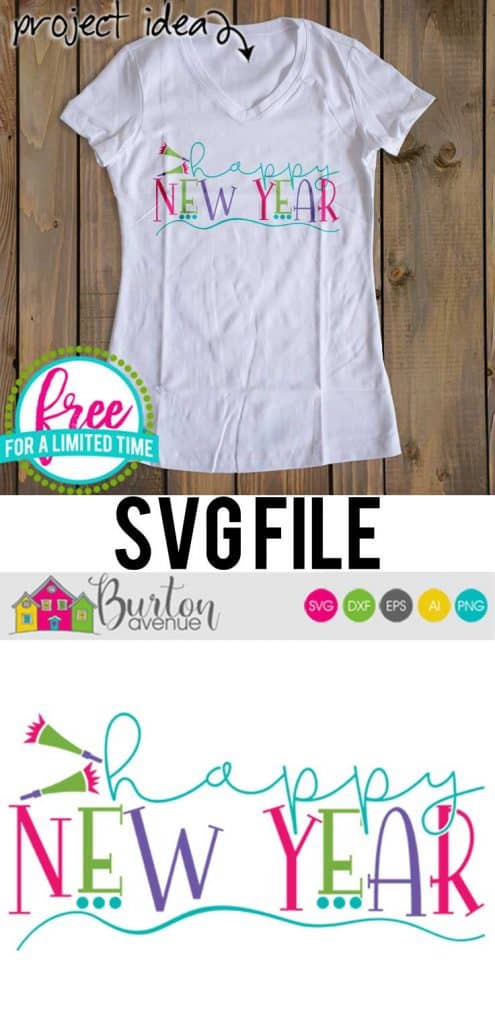 Make your own New Year's tshirt with your Silhouette or Cricut Machine. So many possibilities of DIY projects with this Free Happy New Year w/Swash SVG. #newyearssvg #newyearsrcricut #newyearssilhouette #newyearssvg #silhouette #cricutexplore