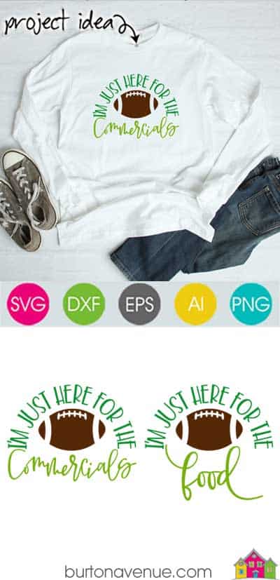This free SVG file will be available to download for free until 2/12/19. So many possibilities of DIY projects with this Free I'm Just Here for the Food-Commercials SVG. Works with Cricut, Cameo Silhouette and other major cutting machines. #footballsvg #footballsilhouette #foorballcircut #silhouette #cricutexplore